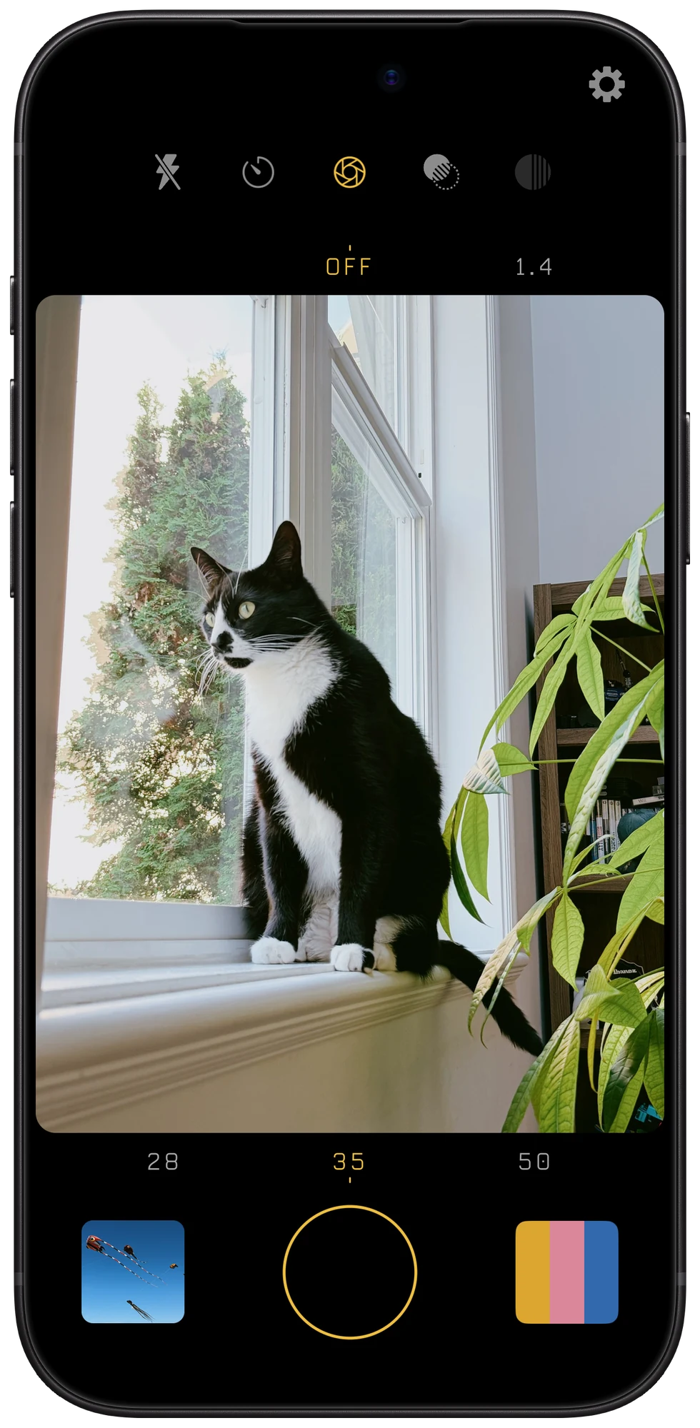 The Filmglass camera screen on iPhone, framing a cat at a window, with its controls and camera roll numbered to match the list