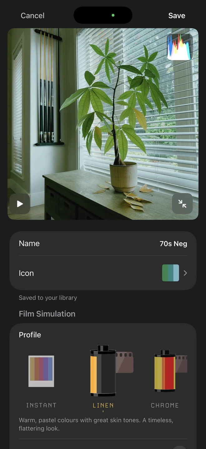 A Linen-based recipe named 70s Neg, with a custom icon and Saved to your library confirmation